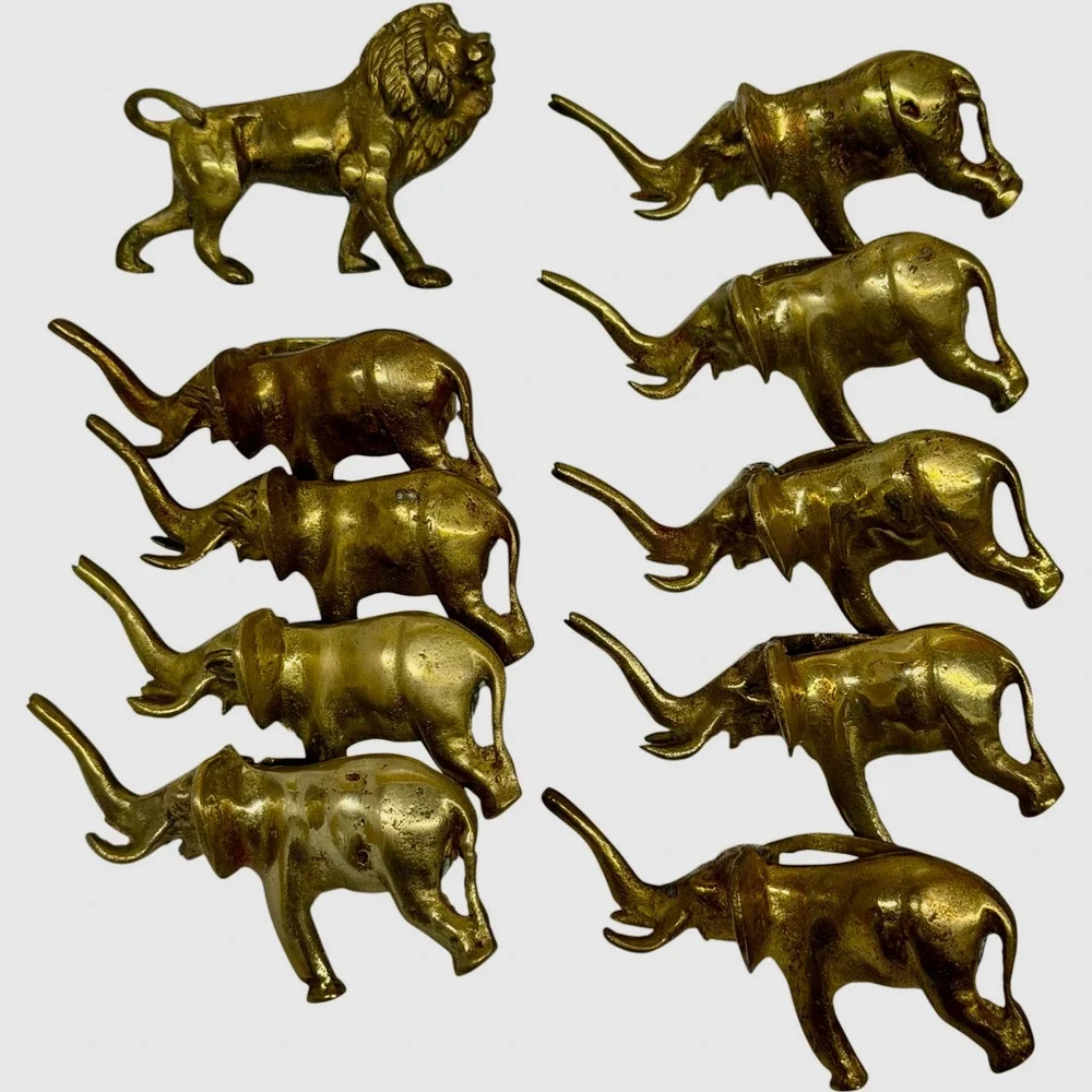 Vintage Brass Elephant and Lion Napkin Rings Set of 10 Made in India Gold Tone